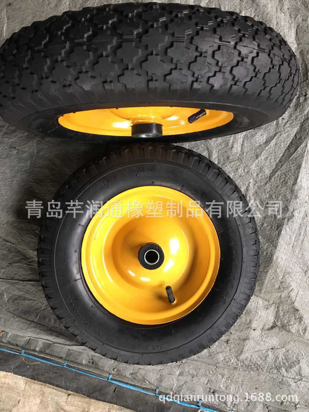 厂家生产手推车橡胶充气轮4.00-8宝石花纹，配翘边防尘盖轮辐