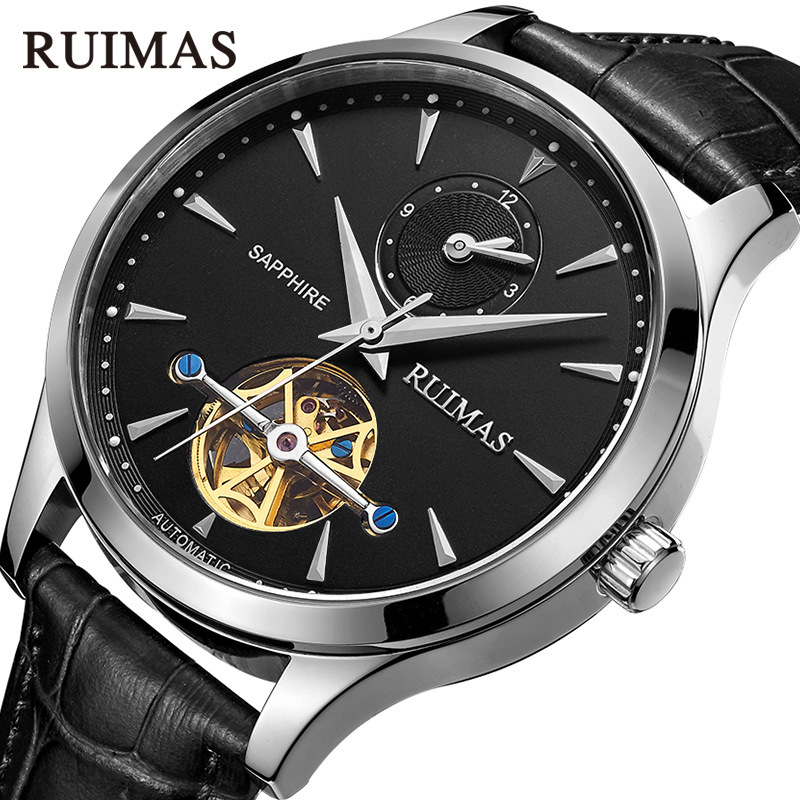 Shi Ruima RUIMAS fully automatic Mechanical watches Tourbillon Dual display waterproof business affairs leisure time genuine leather Watch