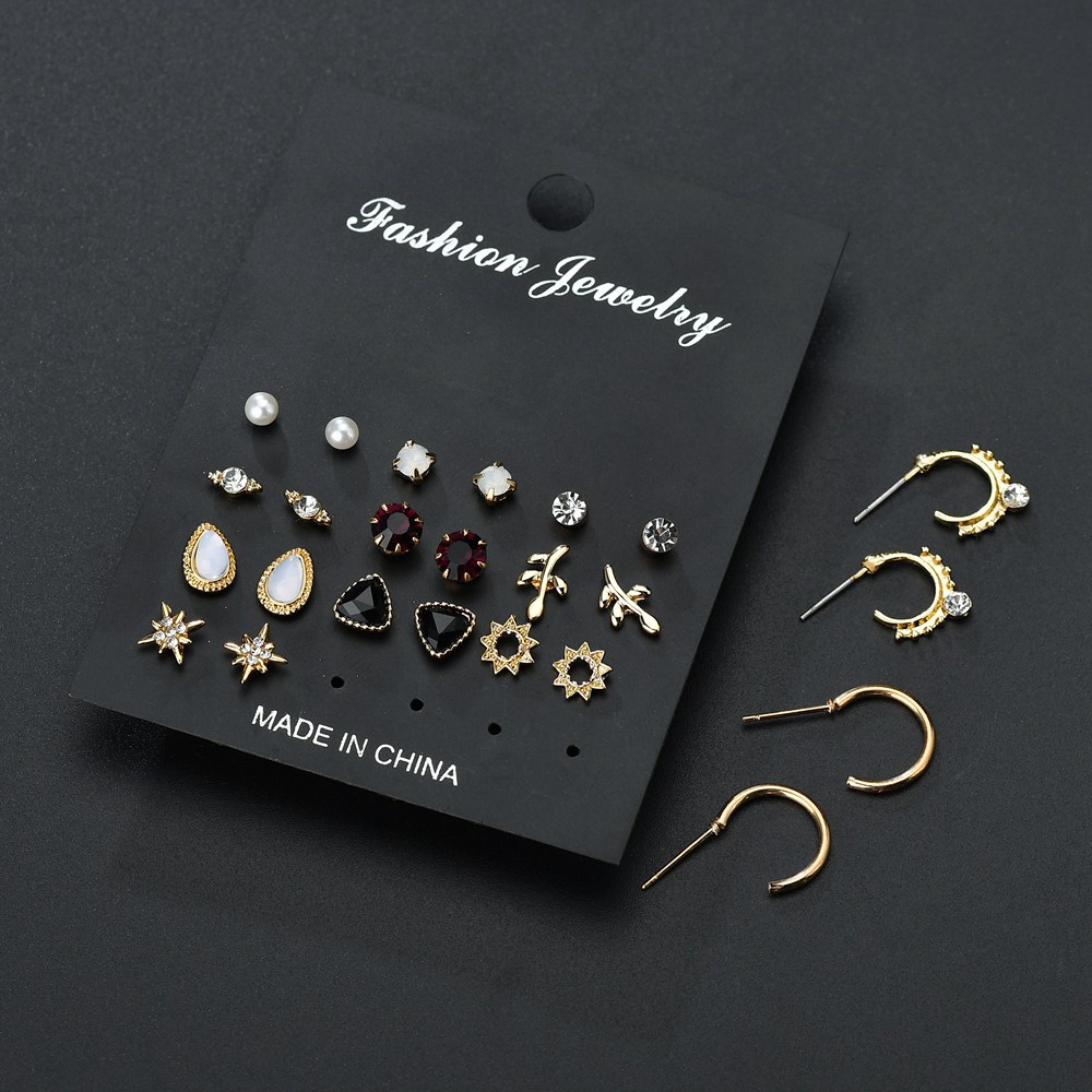New Fashion 12 Pairs Of Earrings Simple Wild Rhinestone Pearl Geometric Earrings For Women Wholesale display picture 4