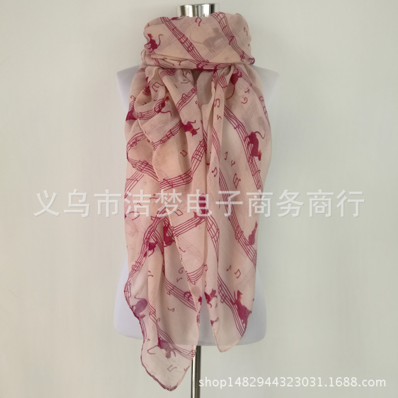 新款欧美外贸时尚音乐猫印花图案巴厘纱围巾女防晒披肩丝巾scarf