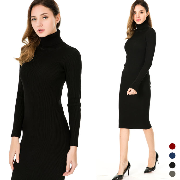 一件代发跨境秋冬女士高领针织连衣裙过膝打底毛衣裙外贸厂家直销|ms