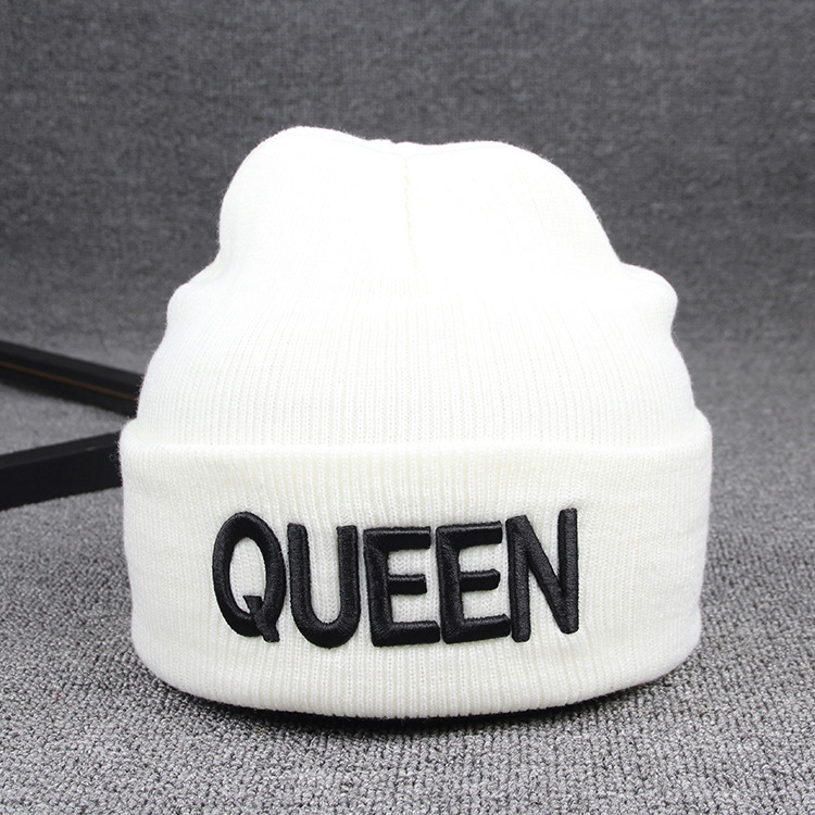 Ny king queen stickad mössa tredimensionell broderi herr- och dammode Pullover varm ullmössa_voghion.com