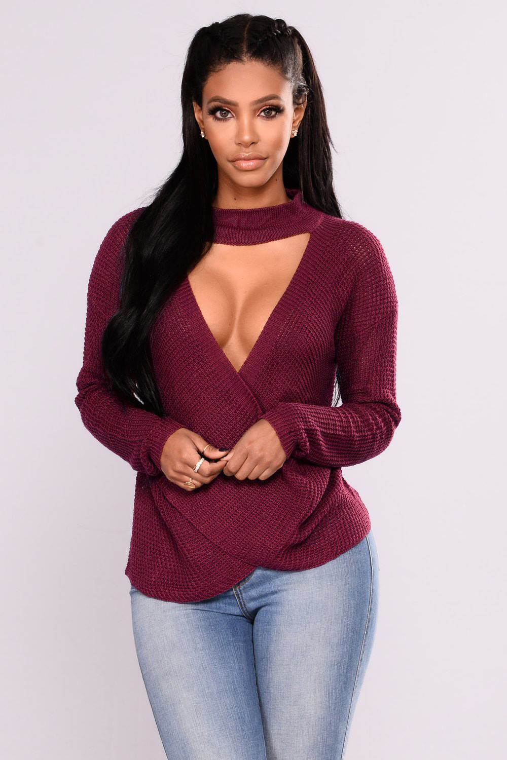 Knit Sweater Sexy Cross Front Design Long Sleeve High Neck Irregular Hem Autumn Winter Fashion Wholesale Available