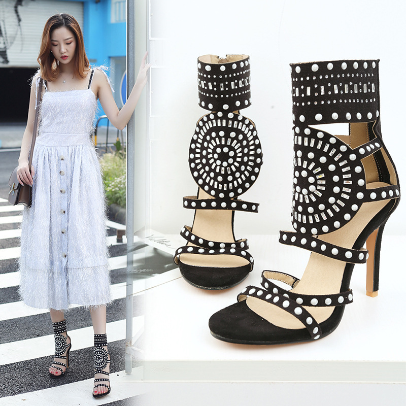 2018 Summer Rome Hindwind Zipper Cut-out Stiletto Heel Women Sandals Sandals Black Light Purple Yellow Brown