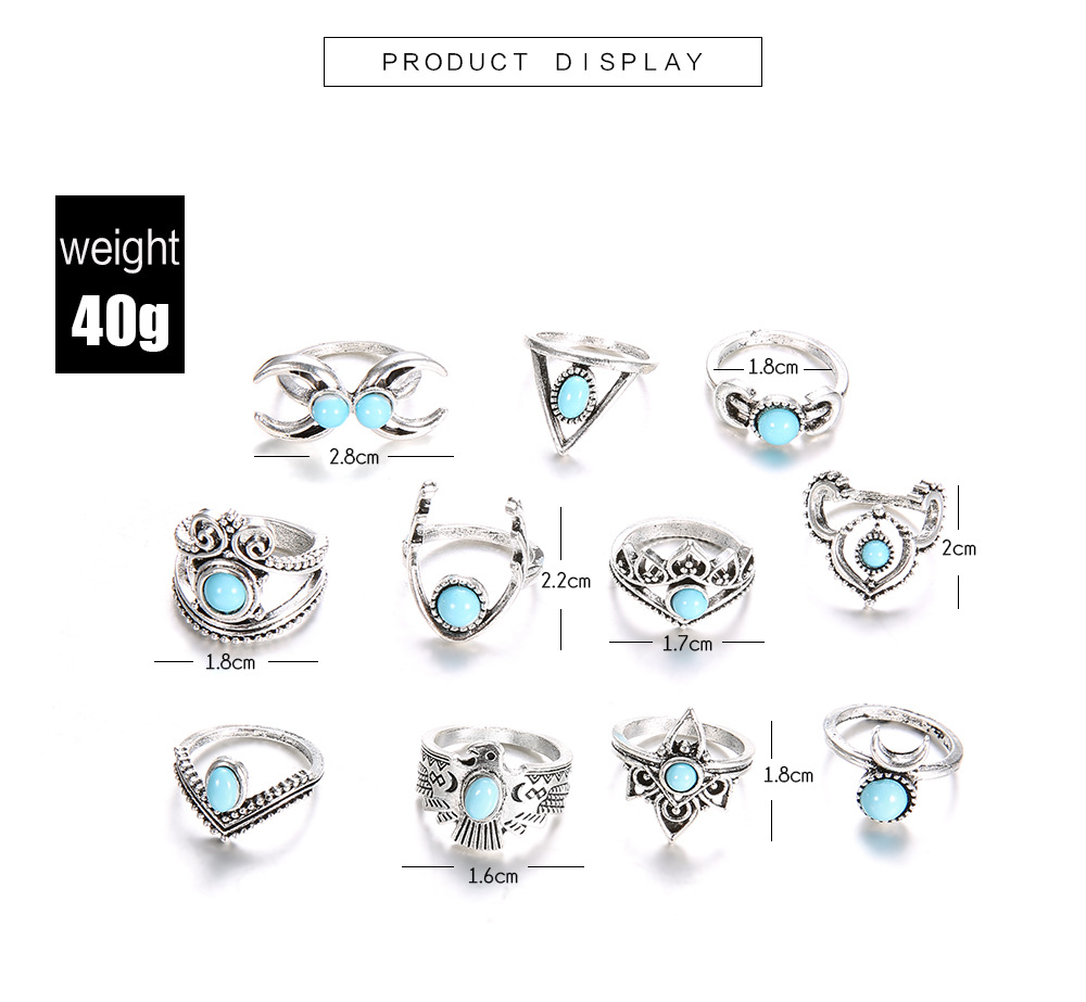 Retro Turquoise Crescent Owl Geometric Crown Triangle Ring Set display picture 1