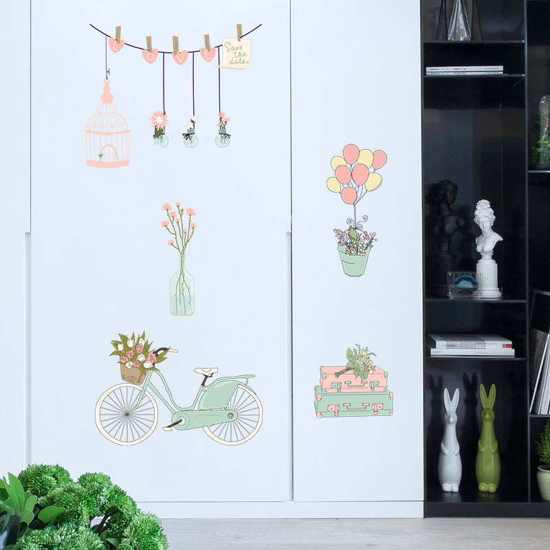 粉色清新花车气球个性女孩衣柜卧室沙发橱柜电视墙装饰墙贴SK7159