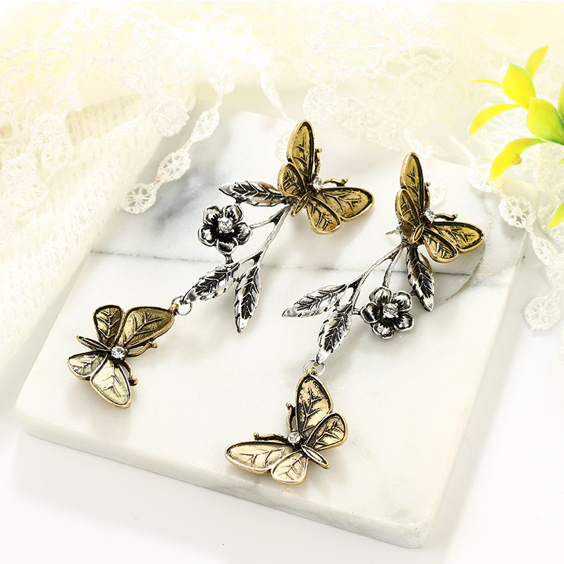 New Jewelry Retro Fashion Geometric Butterfly Leaves Flowers Alloy Long Earrings display picture 7