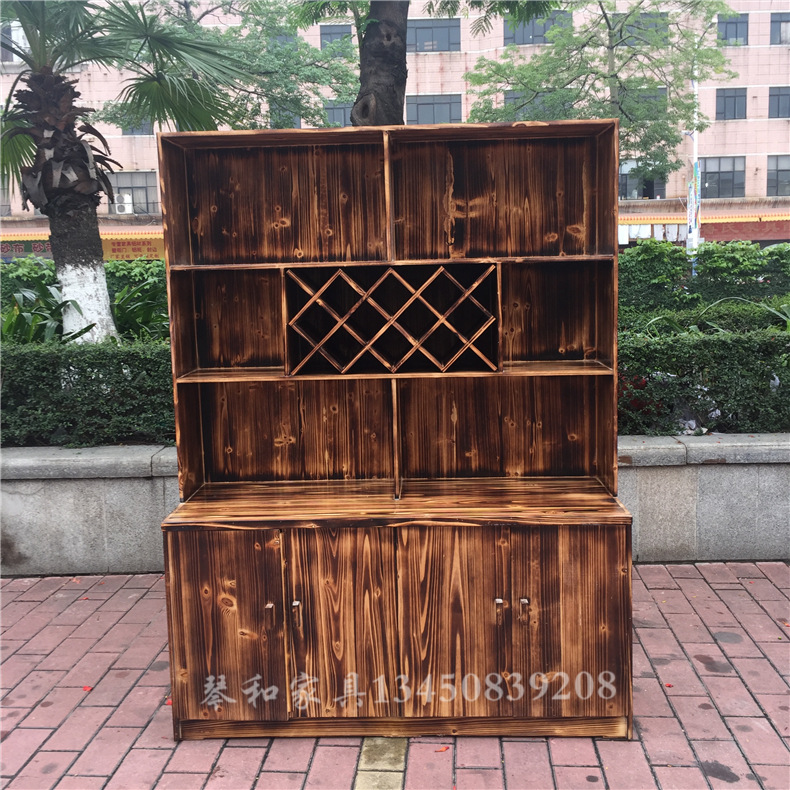 定制实木酒柜杉木炭烧货柜复古炭烧格子酒柜陈列柜火锅店专用柜子|ru