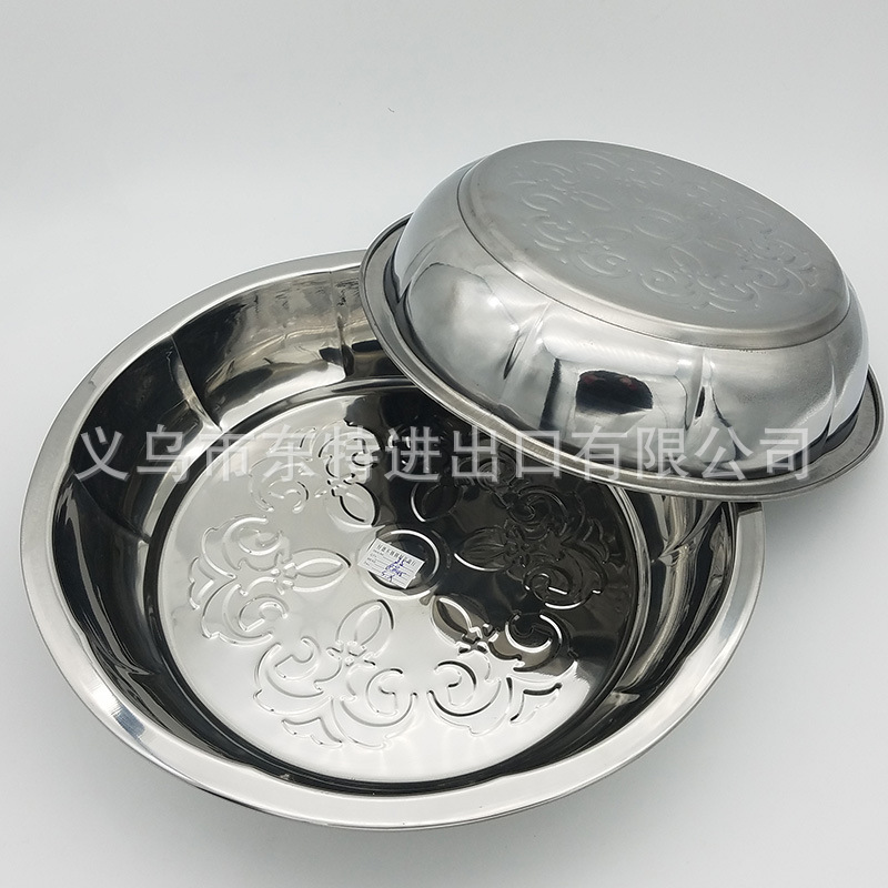 厂家直销不锈钢盘压花非式加高盘外贸盘子欧莱花盘圆形大花盘详情图6