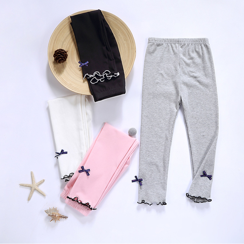 2020新款韩版女童蝴蝶结木耳边打底裤 女童糖果色长裤九分裤|ms