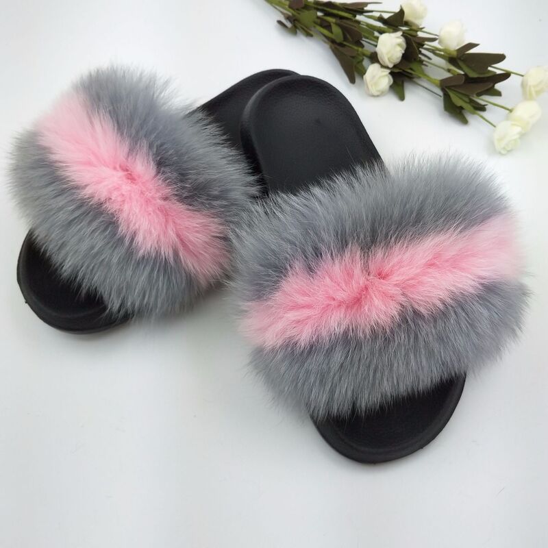 Cross-Border Foreign Trade Real Fox Fur Women's Sandals Home Fashion Fur Casual Beach Shoes Flip Flops Flat Bottom