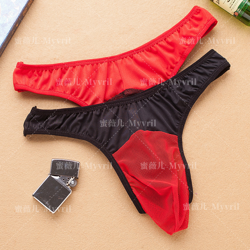Men's mesh sexy transparent seductive thong T pants men's low waist hollow bag sexy underwear G04