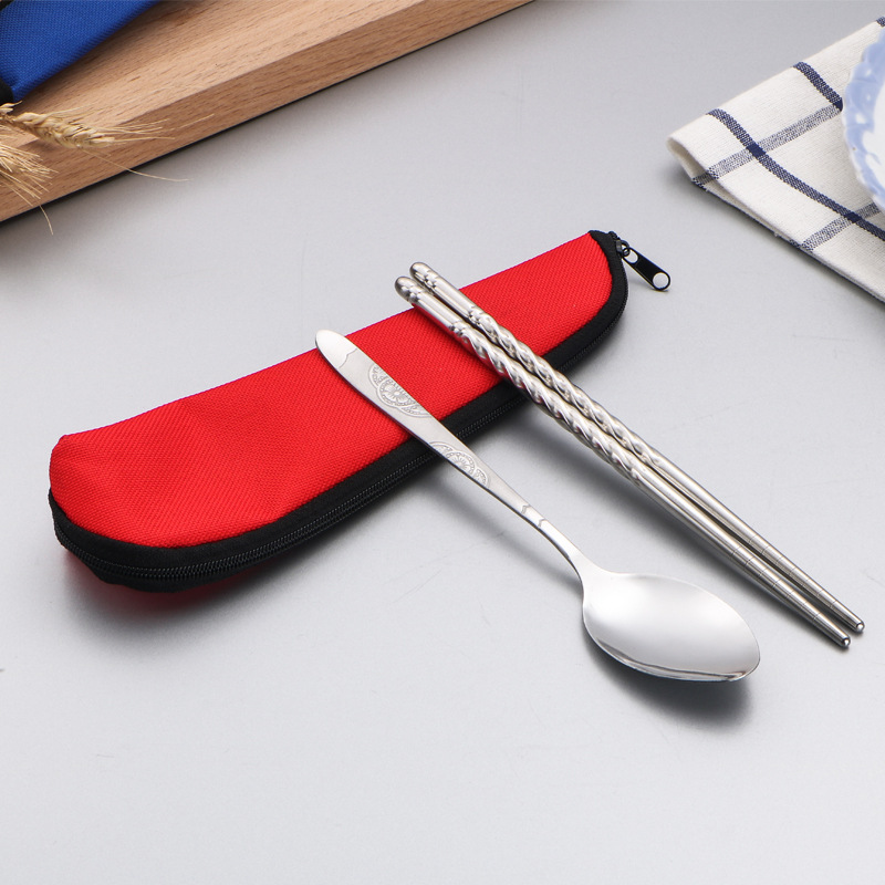 Stainless steel portable tableware chopsticks Spoon Fork suit Lunch originality Travel tableware Canvas bag