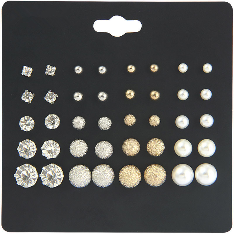 Simple Pearl Earrings Six-claw Zircon Inlaid Diamond Pearl Geometric Earrings 20 Pairs Set display picture 7