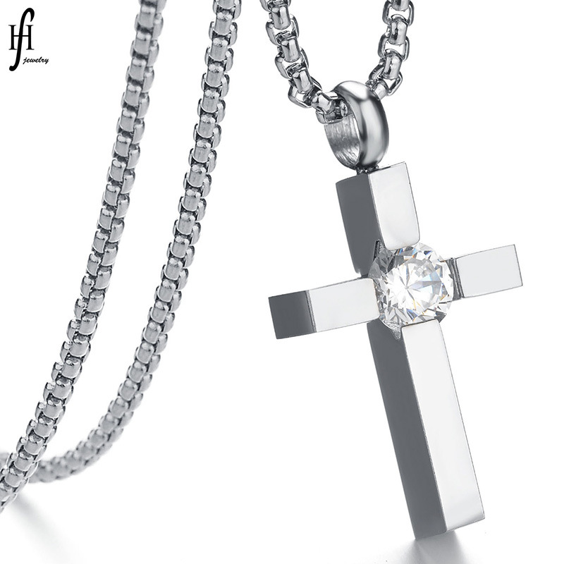 Japanese and Korean version hot selling simple and exquisite polished cross necklace with diamonds can be engraved all-match stainless steel cylinder pendant