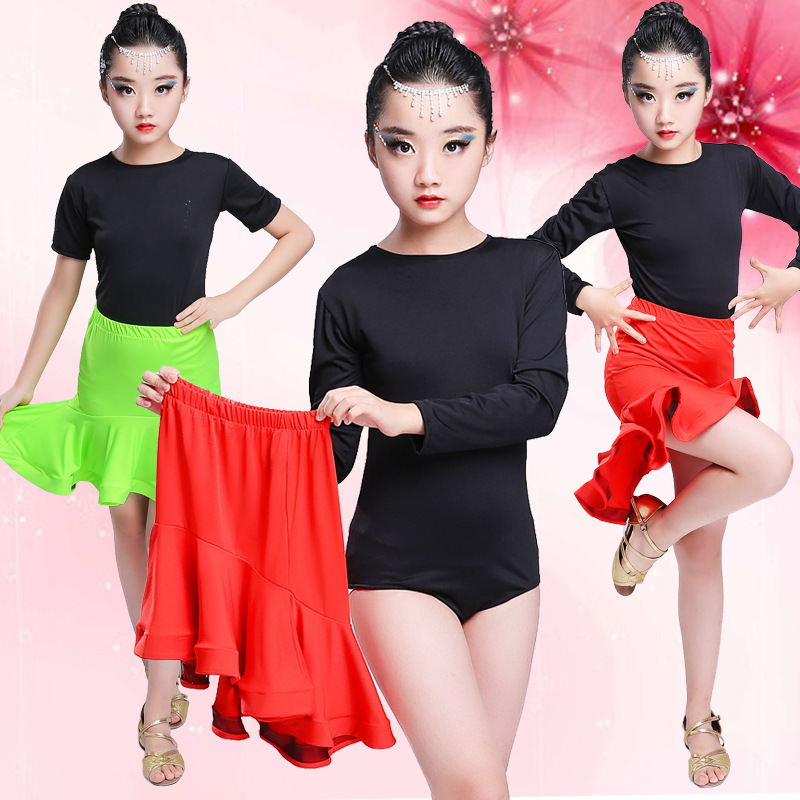 Children red neon green long sleeves short sleeves Latin Dance Dress Girls latin Training Dress girls latin dance skirts