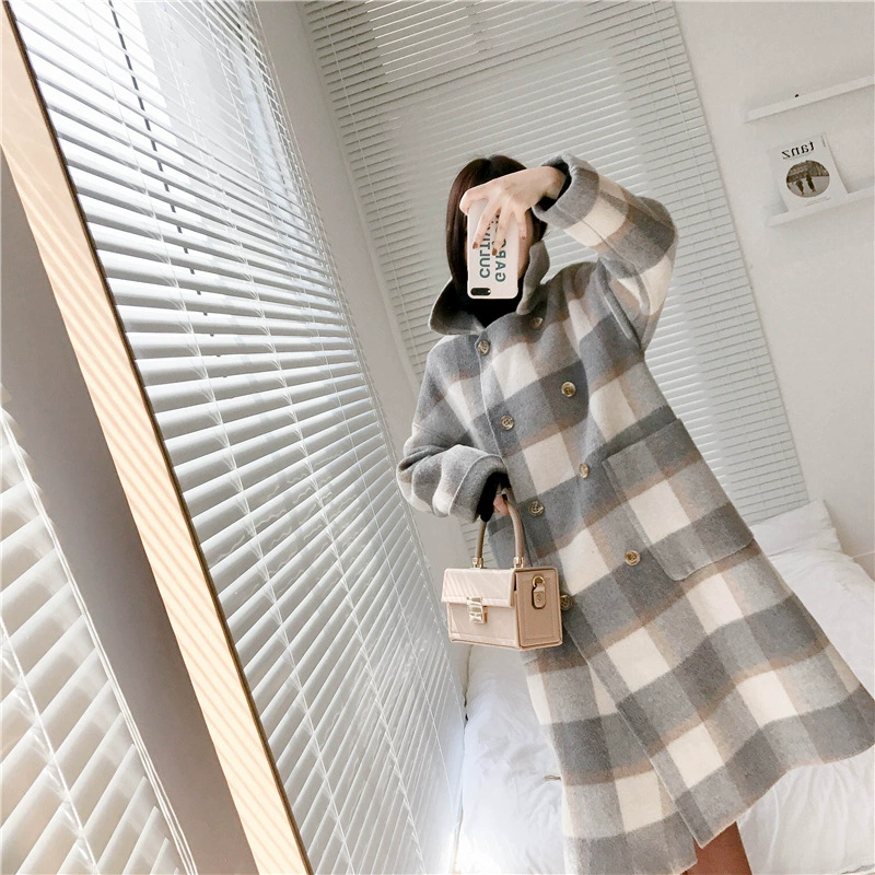 Распродажа 2020 осень-зима Новое свободное клетчатое Двустороннее пальто Arica ручной работы средней длины