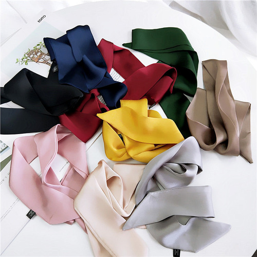 Solid Color Small Silk Scarf Women's Spring Autumn and Summer Bag Wrap Handle Ribbon Versatile Small Wrist Streamer New Style