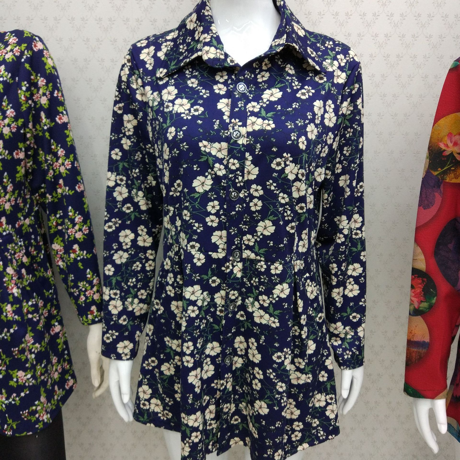 2019春季新款花色中老年女装翻领衬衫中长款开衫长袖裙衫上衣|ru