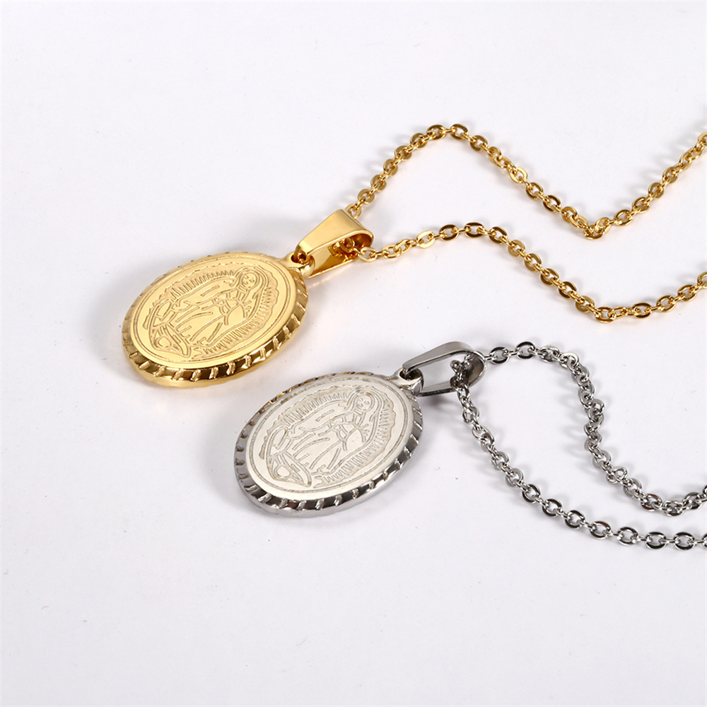 fashion titanium steel Virgin Mary oval pendent necklace earrings set wholesale Nihaojewelry