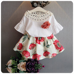 New Korean style children's clothing summer 2-piece set new style baby girl hollow collar trumpet sleeve top flower skirt set