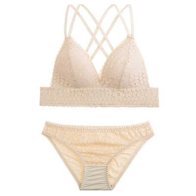 法式bralette性感交叉美背内衣套装无钢圈黑色时尚花卉文胸