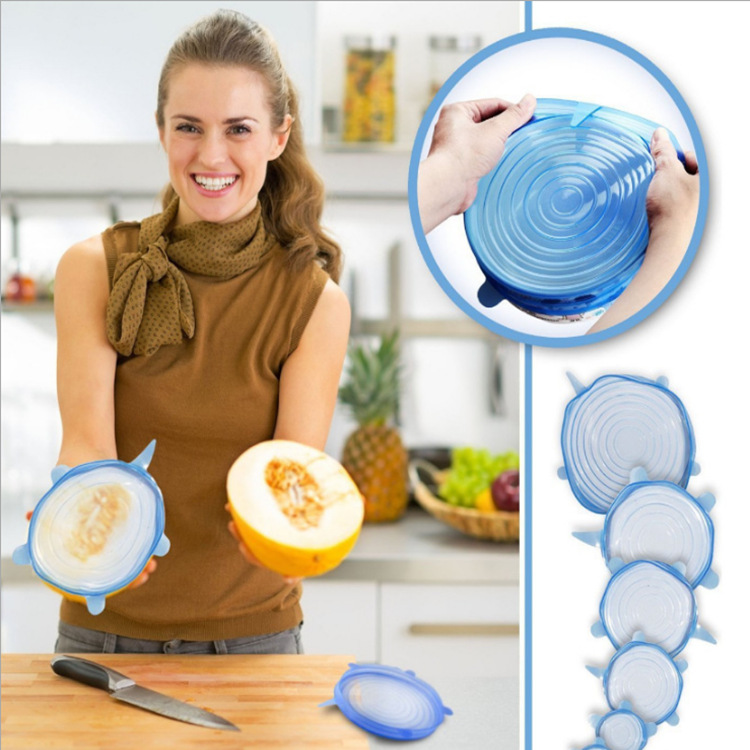 厂家批发食品级硅胶保鲜膜可拉伸6件套重复用蔬菜水果保鲜硅胶盖