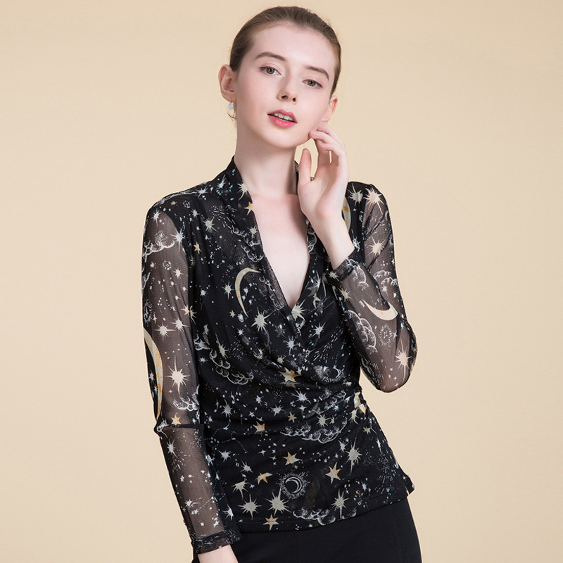 Womens Slim Fit V Neck Silk T Shirt 100 Mulberry Silk Double Layer Printed Design Perfect for Autumn Wholesale