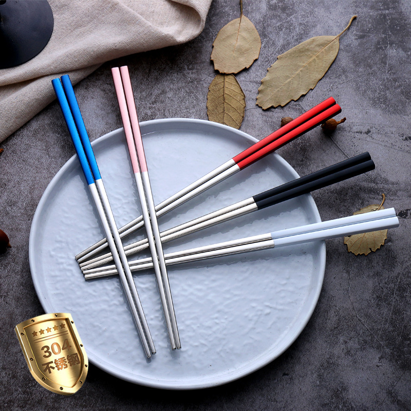 304不锈钢筷子全方形筷子喷色喷砂柄个性礼品筷子LOGO定制