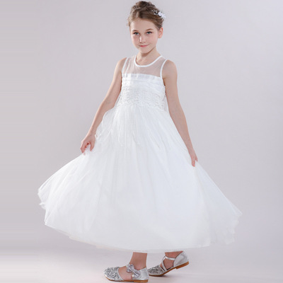 女童流蘇花邊禮服裙高檔兒童長款大擺蓬蓬網紗公主裙無袖連衣裙