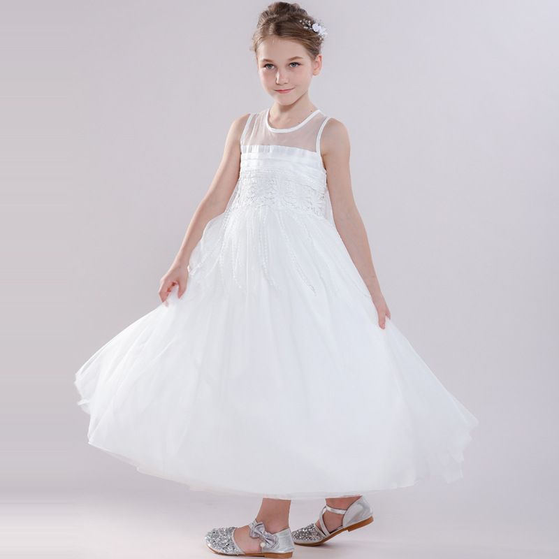 女童流蘇花邊禮服裙高檔兒童長款大擺蓬蓬網紗公主裙無袖連衣裙