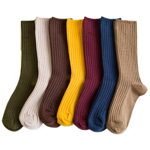 Japanese solid color women's cotton socks mid-calf double-needle striped pile socks winter socks women's Zhuji street stall women's socks wholesale