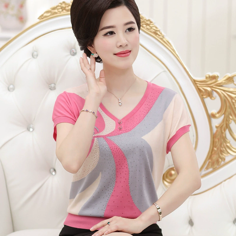 Женская летняя Свободная трикотажная футболка для женщин среднего и пожилого возраста, топ 40-50 лет, летняя одежда для мам среднего возраста, тонкая одежда из ледяного шелка с короткими рукавами