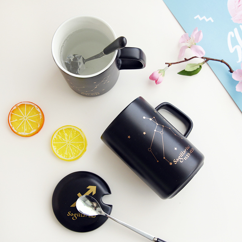 十二星座马克杯带盖勺创意陶瓷杯个性简约办公室水杯情侣咖啡杯子