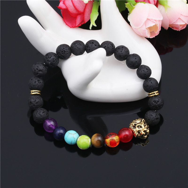 Natural stone colorful chakra energy yoga bracelet 8mm volcanic stone lion head bracelet