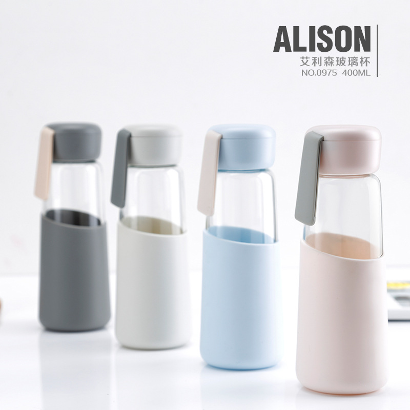 小艾玻璃随手杯北欧风创意硅胶杯套抖音同款可爱ins网红水杯子