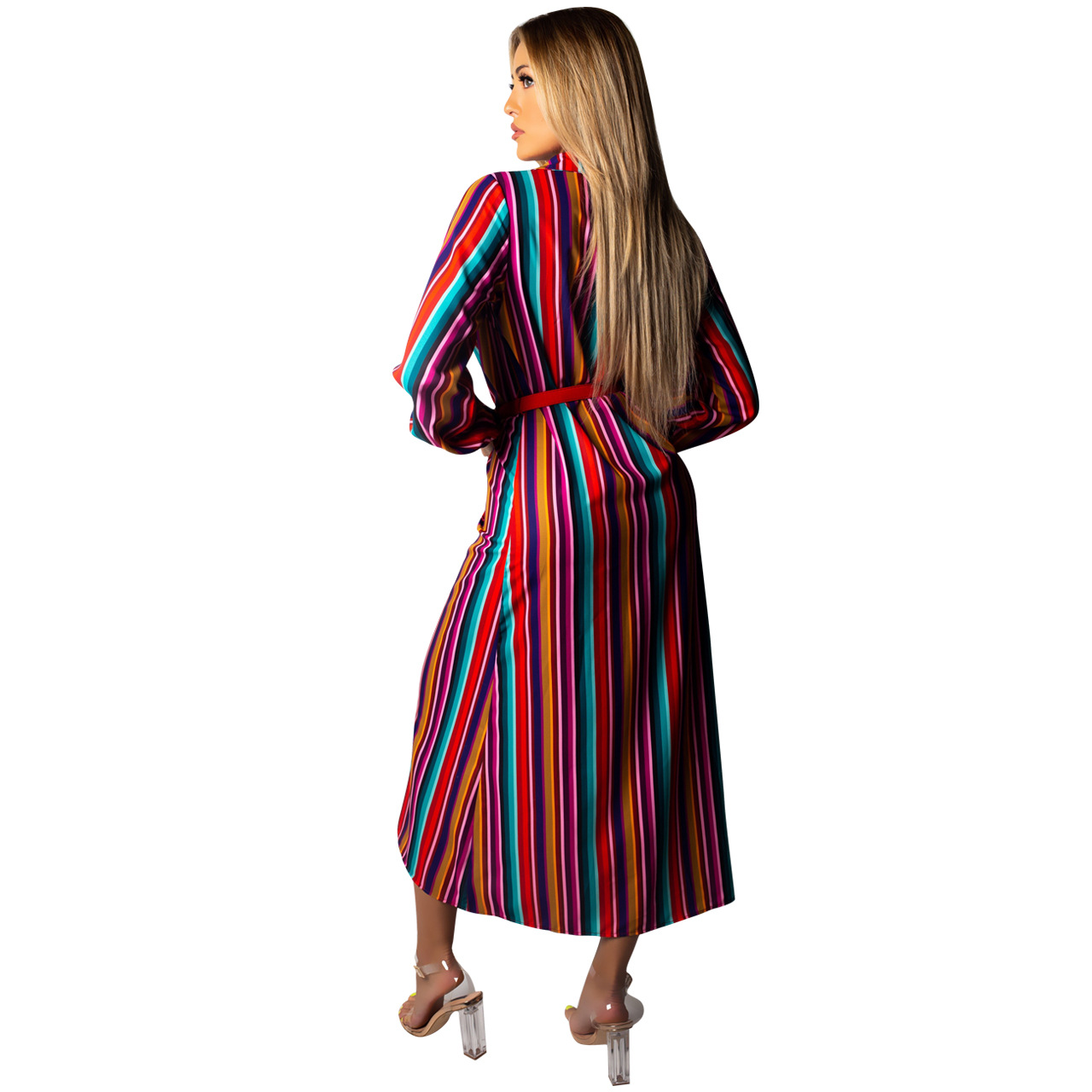 Striped Button Long Sleeve Lapel Loose Dress NSYDF110664