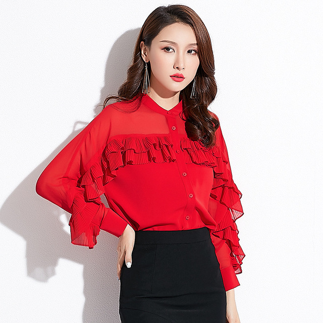 Slim temperament ruffled chic stand collar shirt chiffon shirt  