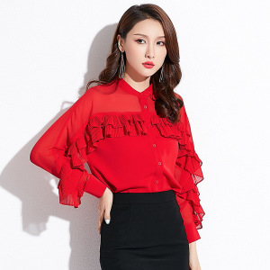 Slim temperament ruffled chic stand collar shirt chiffon shirt  