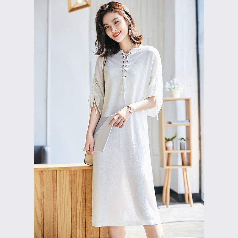 【清仓不退换】秀业银闪面料长袖系带宽松针织裙圆领中长款连衣裙