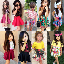 一件代發款女童夏季碎花系列女童T恤+花朵短裙套裝廠家銷售