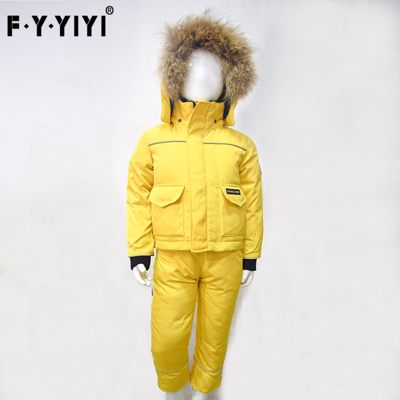 New European and American Children's Clothing down Jacket White Duck down Real Raccoon Fur Collar Overalls Jacket Two-Piece Set Wholesale Can Be One Piece