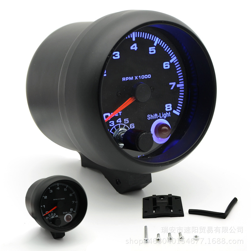3.75inch Black Surface Black Shell Blue Light Car Tachometer, Car Instrument Modified Racing Instrument