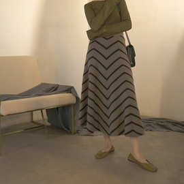 设计师女装 秋冬复古条纹羊毛针织裙中长款A字半身群