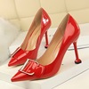 European and American style professional women’s shoes high heels thin heels patent leather shallow mouth pointed metal 