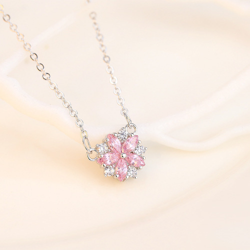 Cherry Blossom Diamond Crystal Necklace for Women - Korean Style Short Pendant Necklace with Sweet Pink and Forest System Design