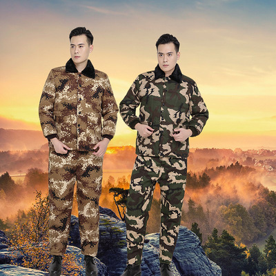 Rivers and lakes Stall Plush camouflage thickening cotton-padded jacket cotton-padded trousers suit Winter cold Cold storage Cotton men's wear wholesale