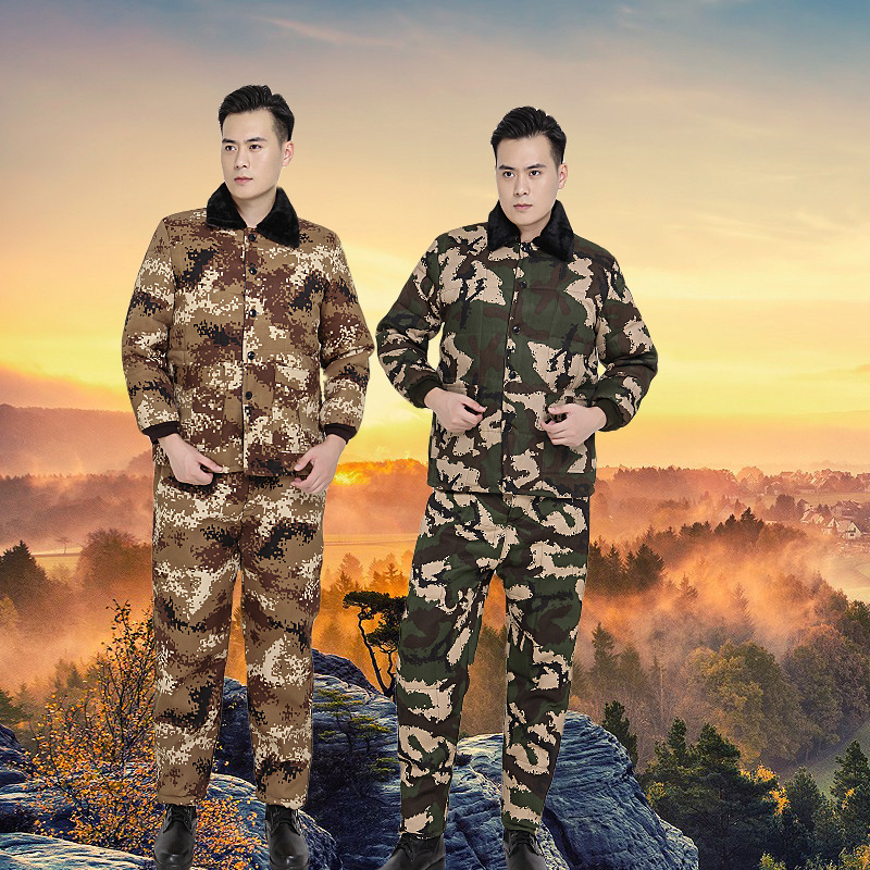 Rivers and lakes Stall Plush camouflage thickening cotton-padded jacket cotton-padded trousers suit Winter cold Cold storage Cotton men's wear wholesale