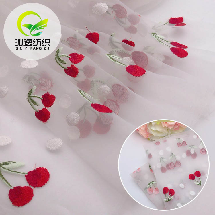 欧根纱小樱桃刺绣布料 玻璃纱绣花布 春夏童装女童装连衣裙面料批|ms
