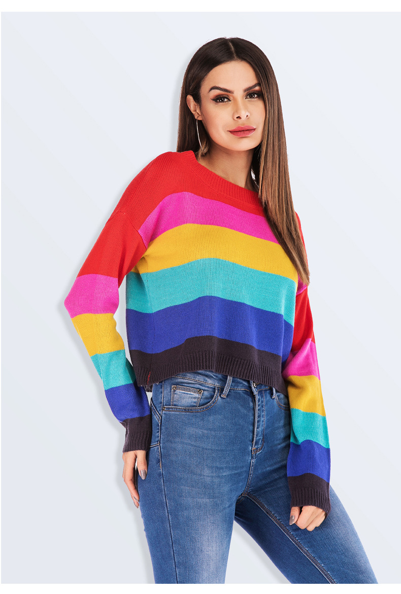 loose rainbow striped long-sleeved sweater NSYH19631